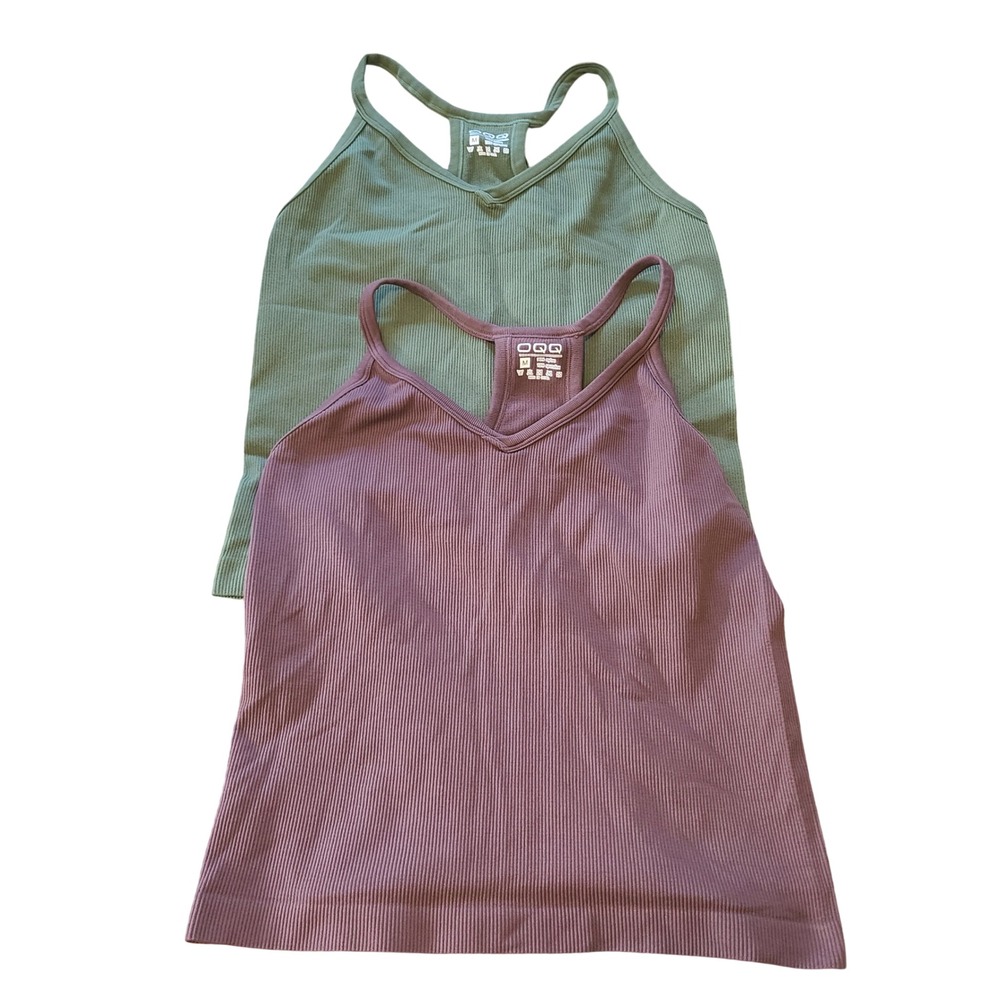 NWT OQQ Ribbed Tank Top 2 Pack Women M Green Brown Yoga Racerback V-Neck Viral